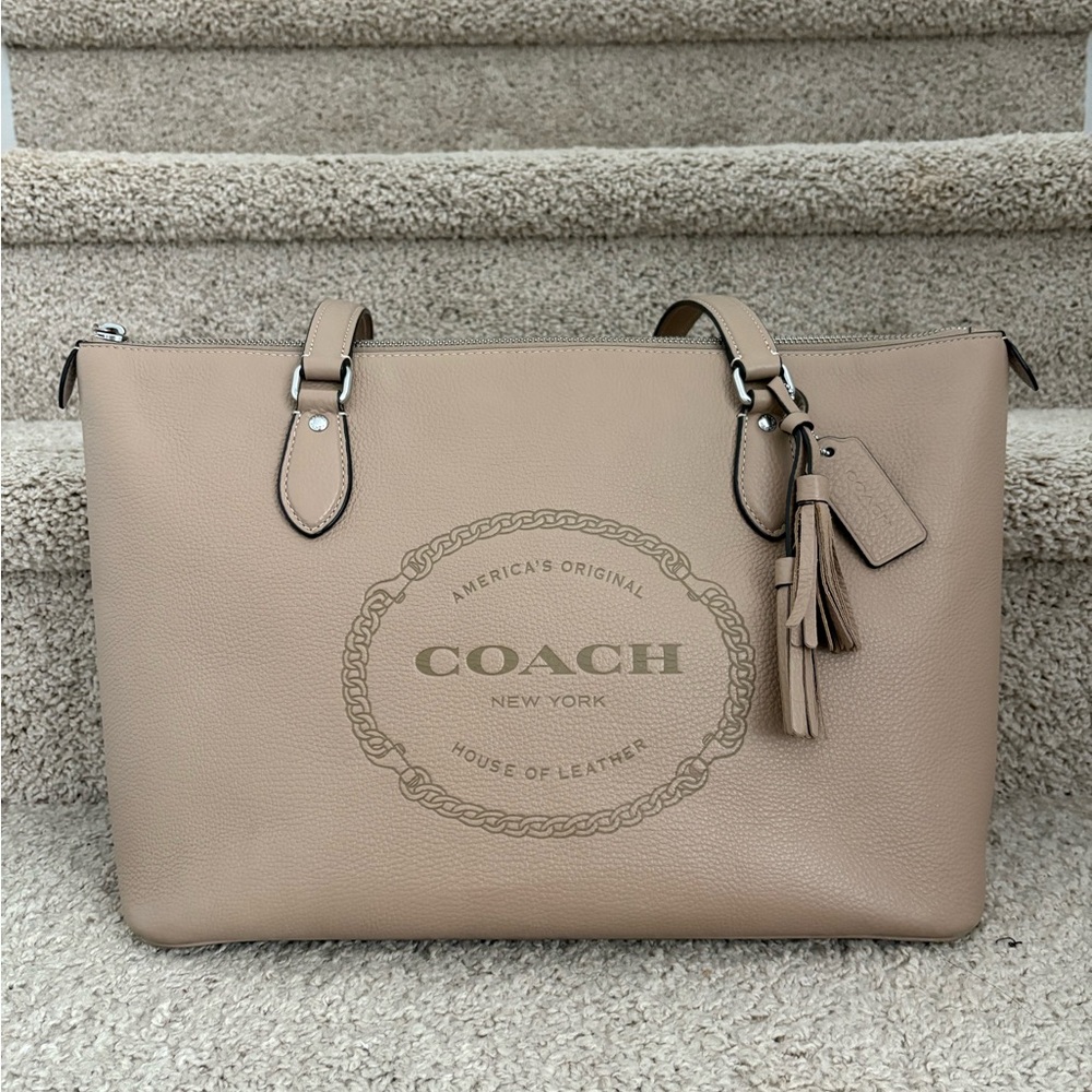 Coach Taupe Leather Logo Tote